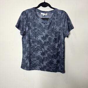 C&C California Blue Floral Crystal Jacquard Short‎ Sleeve Tee Women's Size Large